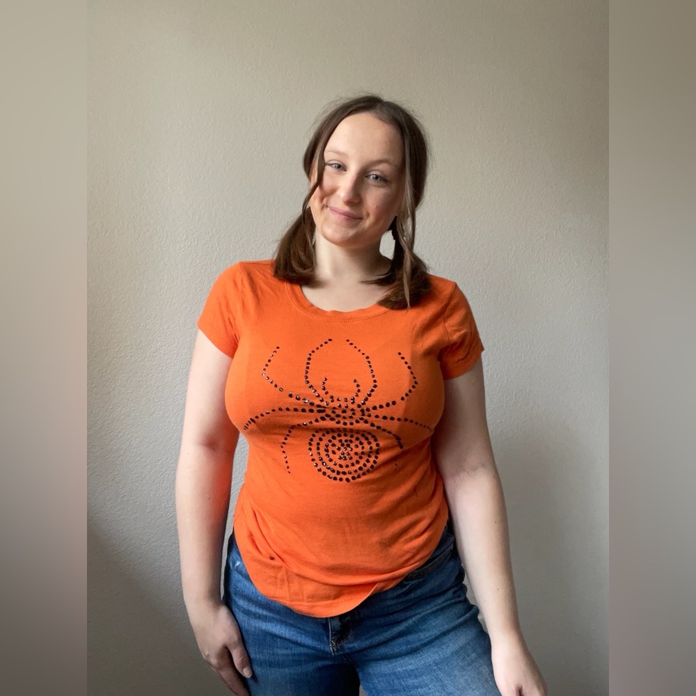 Orange & Black Rhinestone Spider Graphic Tee